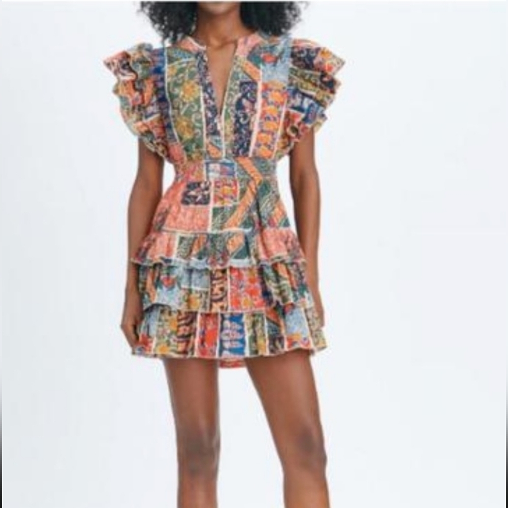 Boho Patchwork Ruffle Mini Dress - Multicolor - Picture 2 of 16